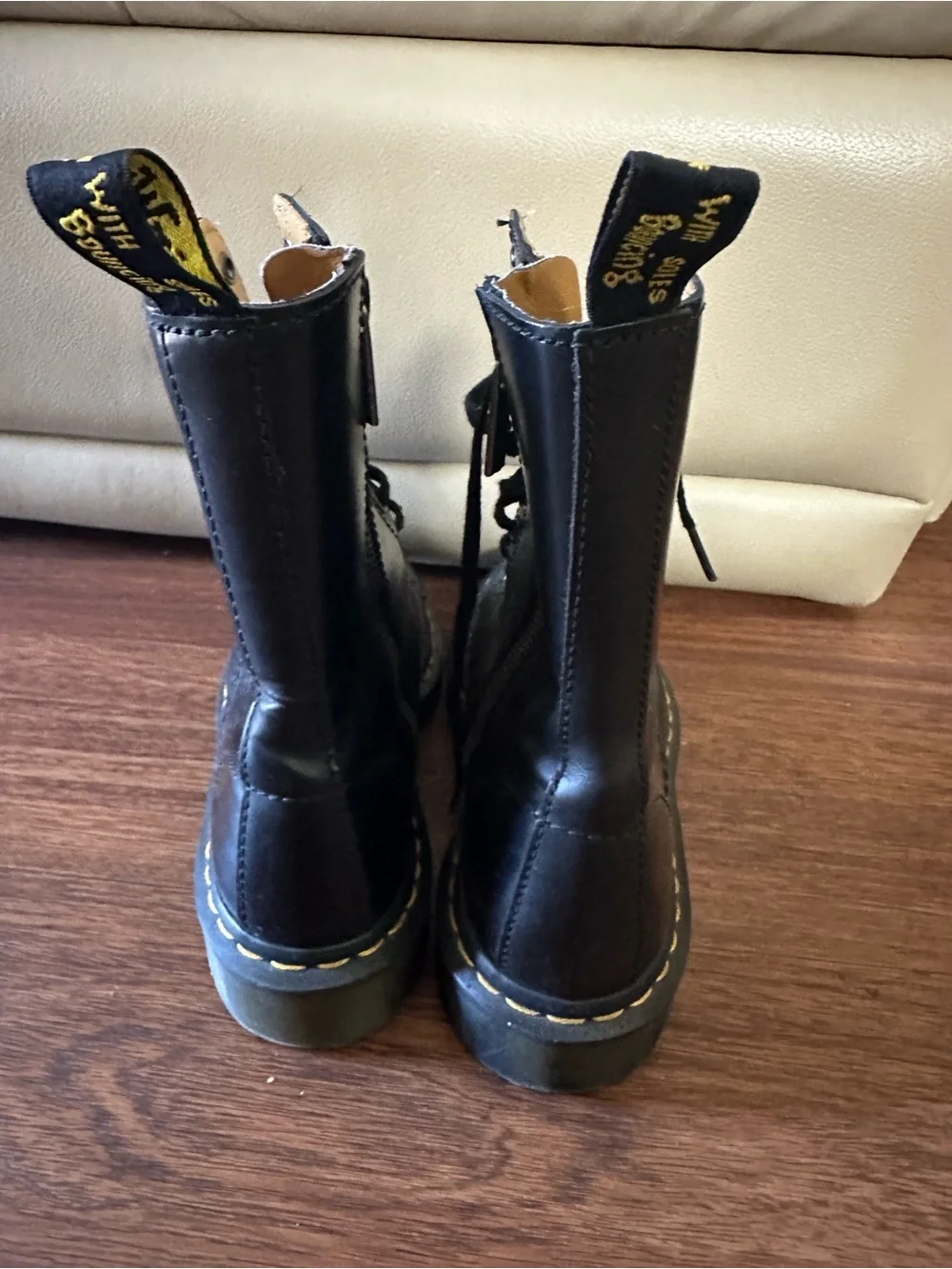 Dr. Martens Black  Lace-Up Boots with Yellow Stitching Sz 7